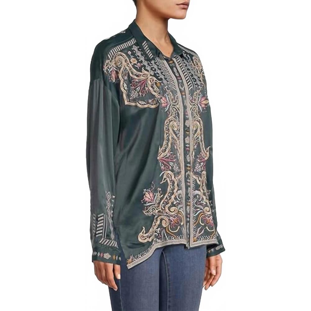 NEW JOHNNY WAS women's tandit embroidered blouse in darkest spruce - Picture 3 of 5